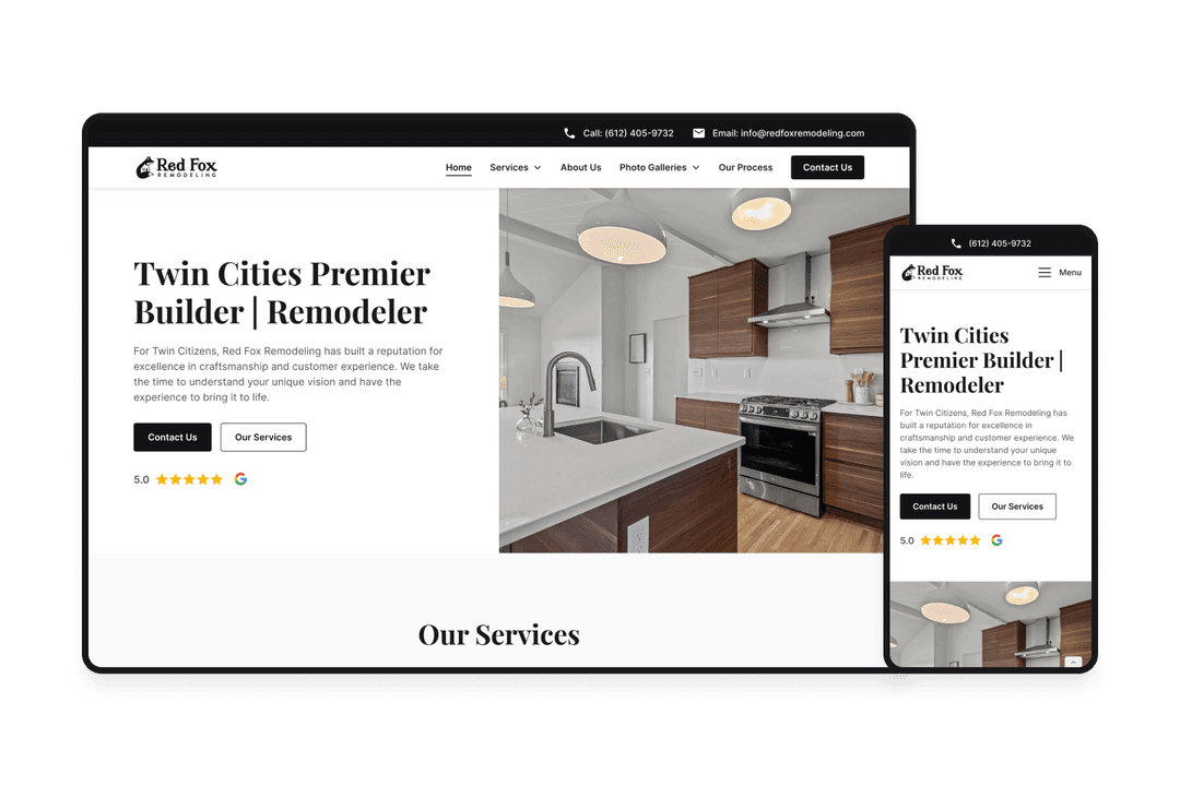 Website design preview for Red Fox Remodeling.