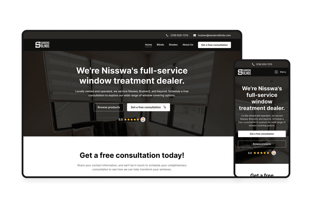 Website design preview for Sanders Blinds.